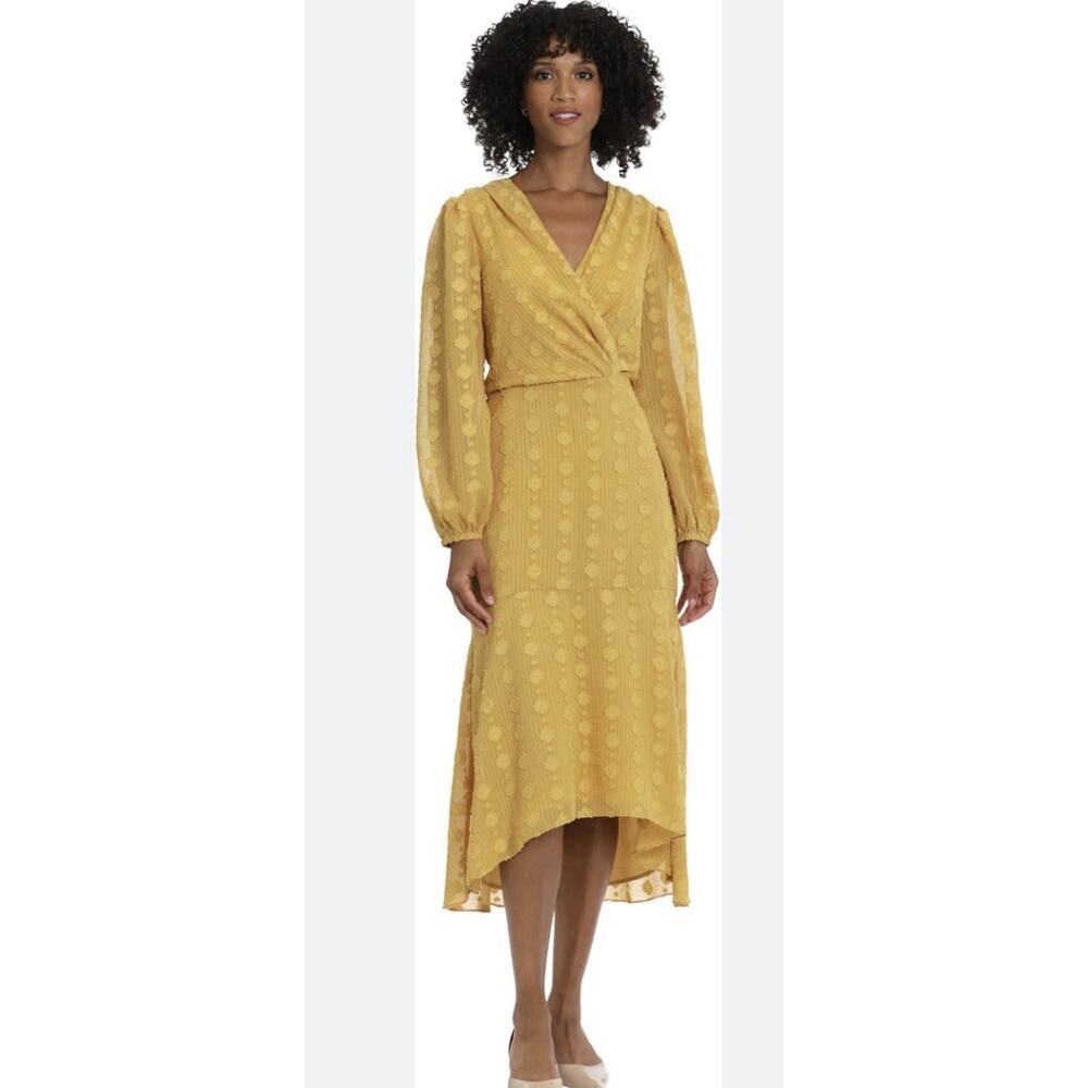 Maggy London Mustard Yellow Midi Dress Long Sleeve V-Neck Textured Sz 8 - Picture 3 of 11